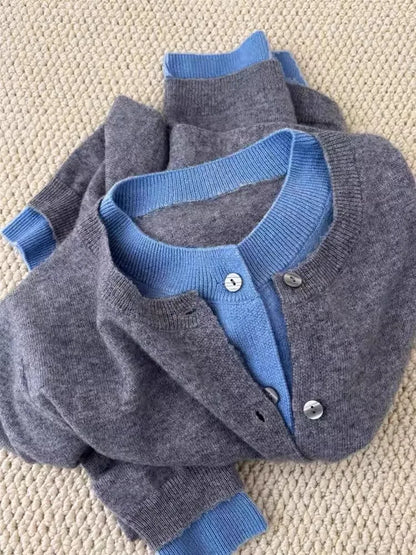 Fake two 100% pure cashmere sweater cardigan dark grey high-grade wool knit coat top - Smarsty