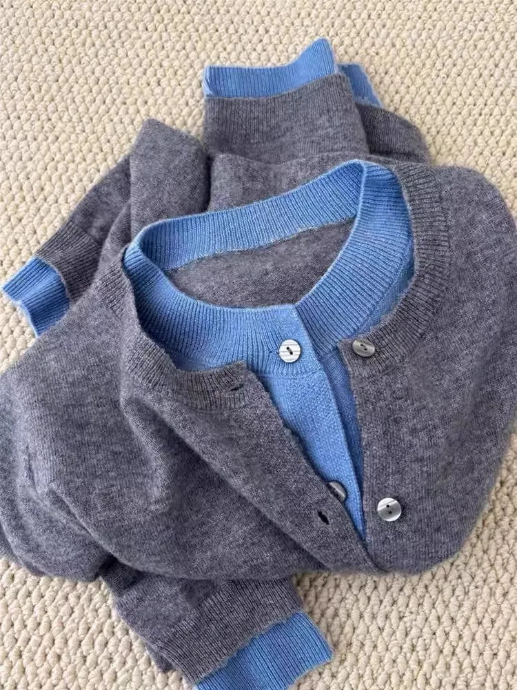 Fake two 100% pure cashmere sweater cardigan dark grey high-grade wool knit coat top - Smarsty