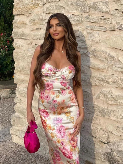 Suninheart Summer Spaghetti Strap Floral Print Party Dresses Elegant Maxi Bodycon Wedding Guest Holiday Dress New In Dress 2023 - Smarsty