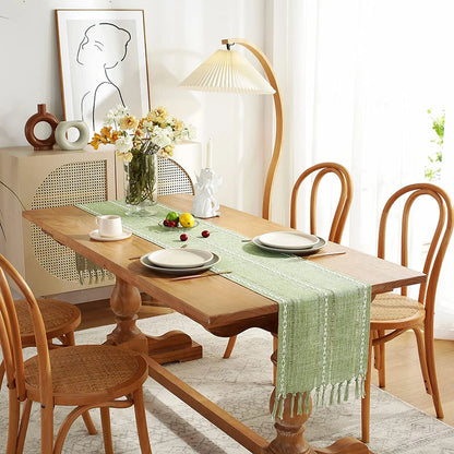 Boho Green Table Runner with Rustic Tassels - Smarsty