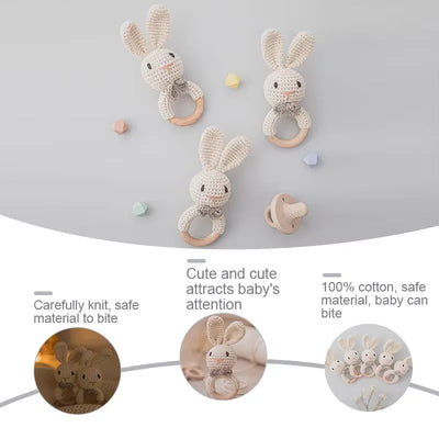 Baby Crochet Rattle Wooden Teether Toy BPA Free Wood Rodent Rabbit Rattle Baby Mobile Play Gym Newborn Educational Music Toys by Smarsty