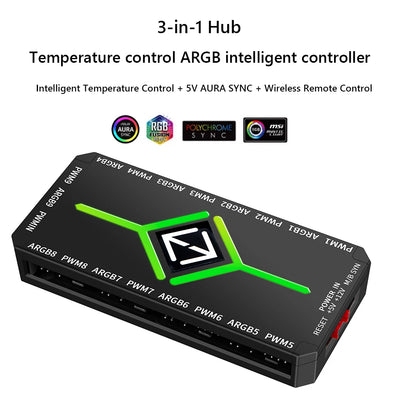 Multi Port 3 in 1 PWM Magnetic ARGB Fan Hub Splitter for PC with Remote Control Supports 9 Fans and Custom Lighting