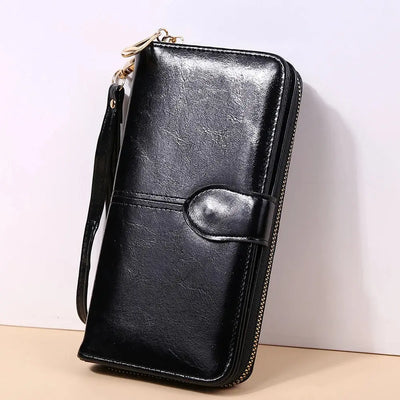 Women's Vintage Oil Wax PU Leather Clutch Wallet Female Large Capacity Phone Purse Ladies Wristband Simple Card Holder Pouch Bag - Smarsty