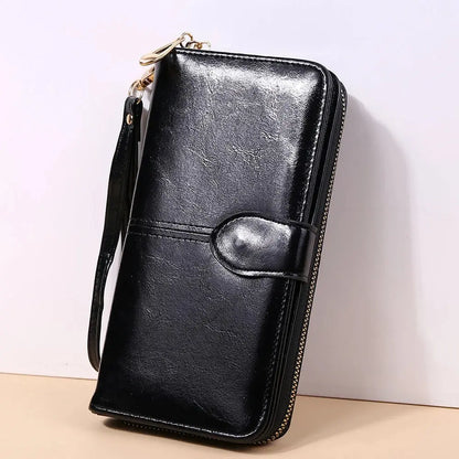 Women's Vintage Oil Wax PU Leather Clutch Wallet Female Large Capacity Phone Purse Ladies Wristband Simple Card Holder Pouch Bag - Smarsty