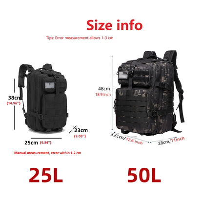 25L/50L Sturdy Nylon Waterproof Tactical Sports Trekking Fishing Hunting Camping Hiking Bag Backpack Outdoor Rucksacks - Smarsty
