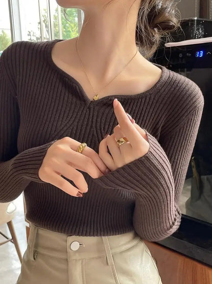 2025 Basic V-neck Chic  Autumn Winter Pullover Women Female Knitted Ribbed Sweater Slim Long Sleeve Badycon High Quality Sweater - Smarsty