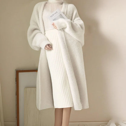 white Long Cardigan for women winter clothes Knitted fluffy long sleeve Cashmere sweater coat clotkorean style warm vintage