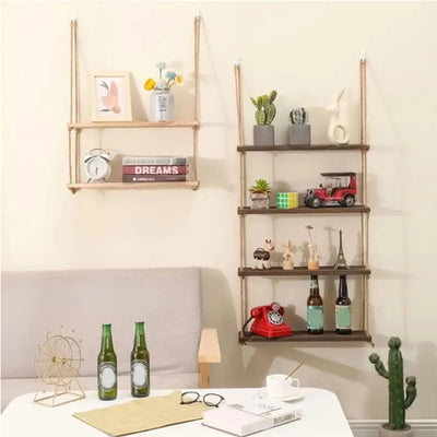 Wooden Floating Shelves for Wall Plant Flower Wood Swing Hanging Rope Storage Home Living Room Decor 1/2/3-tier by Smarsty