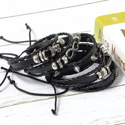 5pcs Punk Style Braided Leather Bracelet Set - Smarsty
