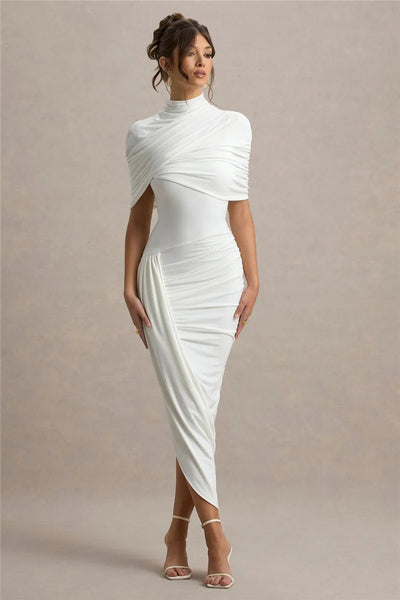 Mozision Half Sleeve Backless Ruched Sexy Maxi Dress Women Summer New Turtleneck Slim High Waist Evening Club Party Long Dress - Smarsty