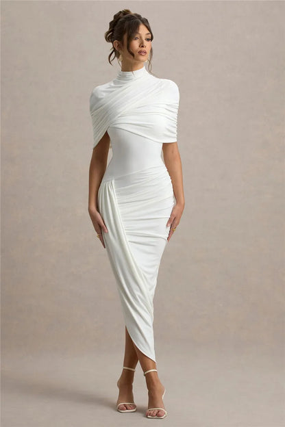 Mozision Half Sleeve Backless Ruched Sexy Maxi Dress Women Summer New Turtleneck Slim High Waist Evening Club Party Long Dress