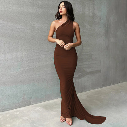 Hugcitar One Shoulder Backless Adjustable Scarf Loop Ruched Sexy Maxi Dress Women Elegant Y2K Streetwear Festival Outfit - Smarsty