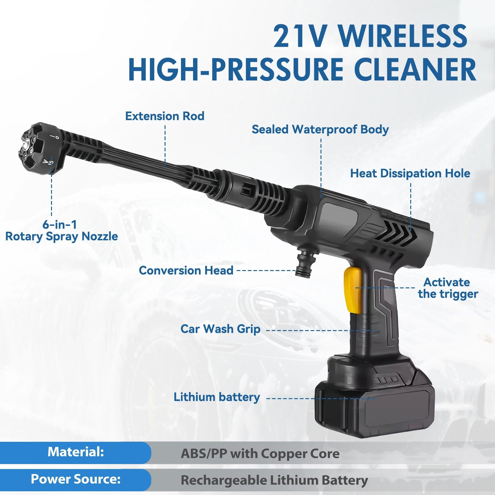 Cordless Pressure Washer Gun Electric 6 IN 1 Nozzle Portable 21V 500PSI 3200rpm High-Power With Battery 10M (32.8FT) Hose - Smarsty