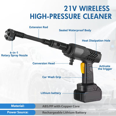 Cordless Pressure Washer Gun Electric 6 IN 1 Nozzle Portable 21V 500PSI 3200rpm High-Power With Battery 10M (32.8FT) Hose - Smarsty