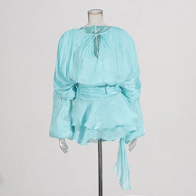GALCAUR Solid Loose Splicd Lace Up Dresses For Women V Neck Long Sleeves Patchwork Ruffles Tunic Dreses Female Fashio New - Smarsty