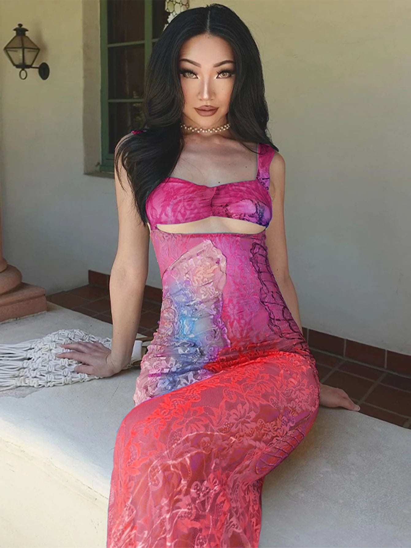 Dulzura Lace Print Cut Out Maxi Dress Bodycon Sexy Party Club Y2K Outfits Streetwear Bandage Dress Vestido Classic Prom