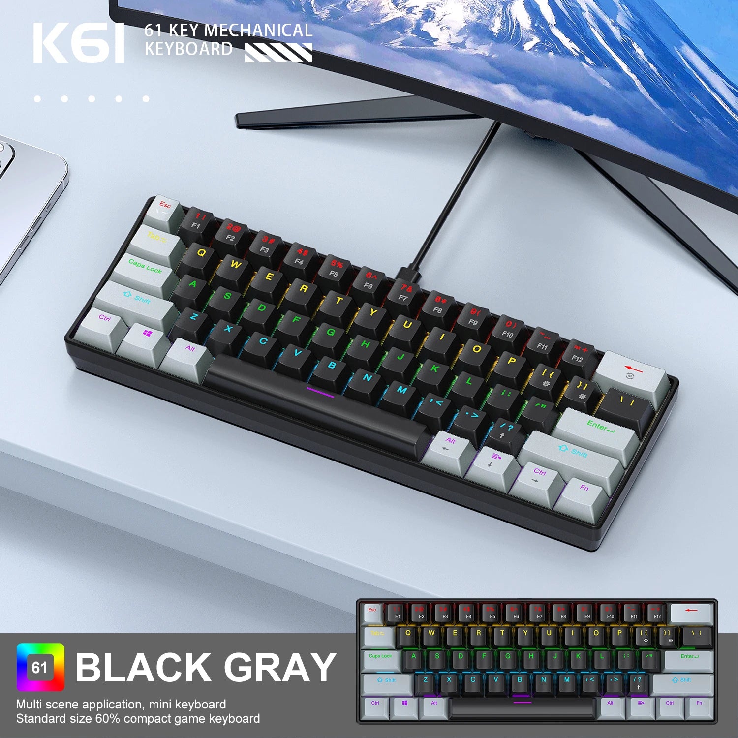 Compact 60 Percent Mechanical Keyboard RGB Wired Gaming