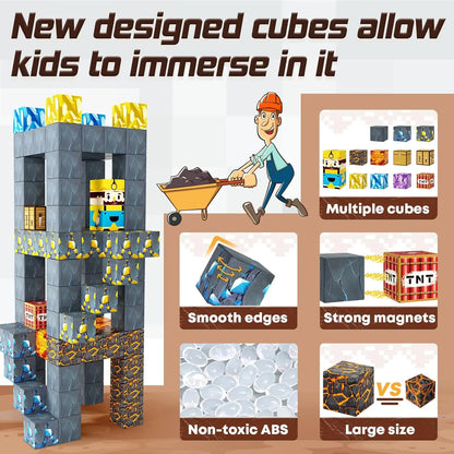 Magnetic Building Blocks Mine World Magnet Cube Set STEM Montessori Sensory Toy for Kids Boys Girls Ages 3+ DIY Model Children