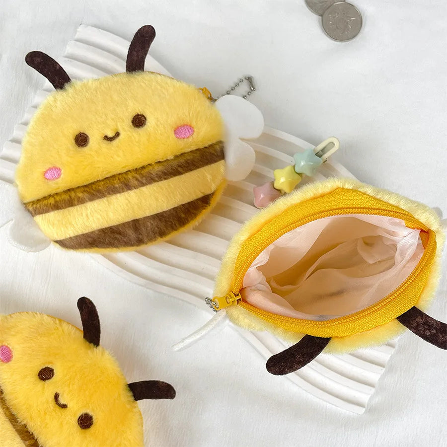 Cute bee plush coin purse kids cartoon animal doll bee money bag bag pendant fashion storage bag small bag office storage