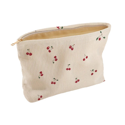 Cherry Print Corduroy Makeup Bag With Lightweight Zipper - Smarsty