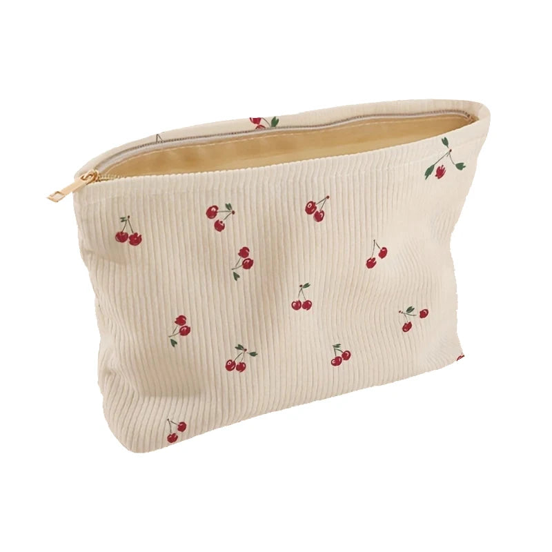 Cherry Print Corduroy Makeup Bag With Lightweight Zipper - Smarsty