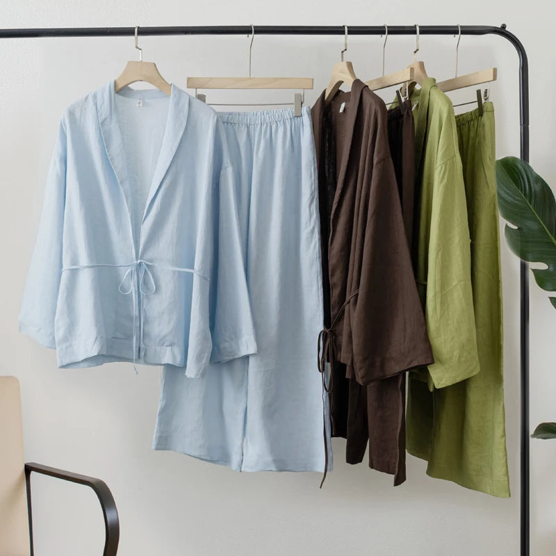 2025 Summer Women Linen Kimono Blouse Pants sets - Smarsty