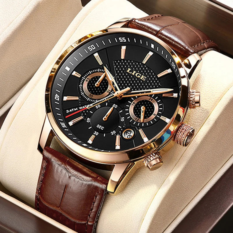 LIGE Luxury Men's Leather Sport Watch with Chronograph - Smarsty