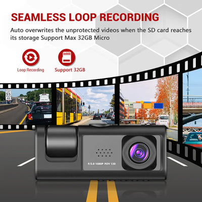 Dash Cam W/ IR Night Vision Loop Recording & 2" IPS Screen 1080P 3 Camera ， DVR recorder, video recorder, Vehicle DVR - Smarsty