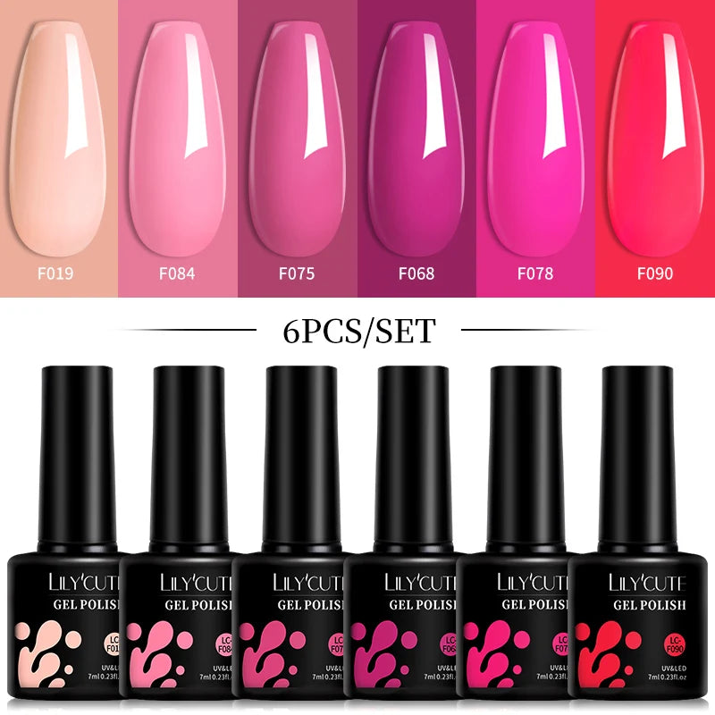 LILYCUTE 6 Pcs Gel Nail Polish Set Bright Pink Varnish - Smarsty