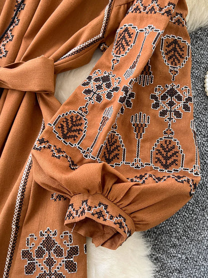 Bohemian Retro Ethnic Style Dress Women's New Spring Autumn Embroidered Lace Up Lantern Sleeves Waist Cinching Long Dress A155 - Smarsty