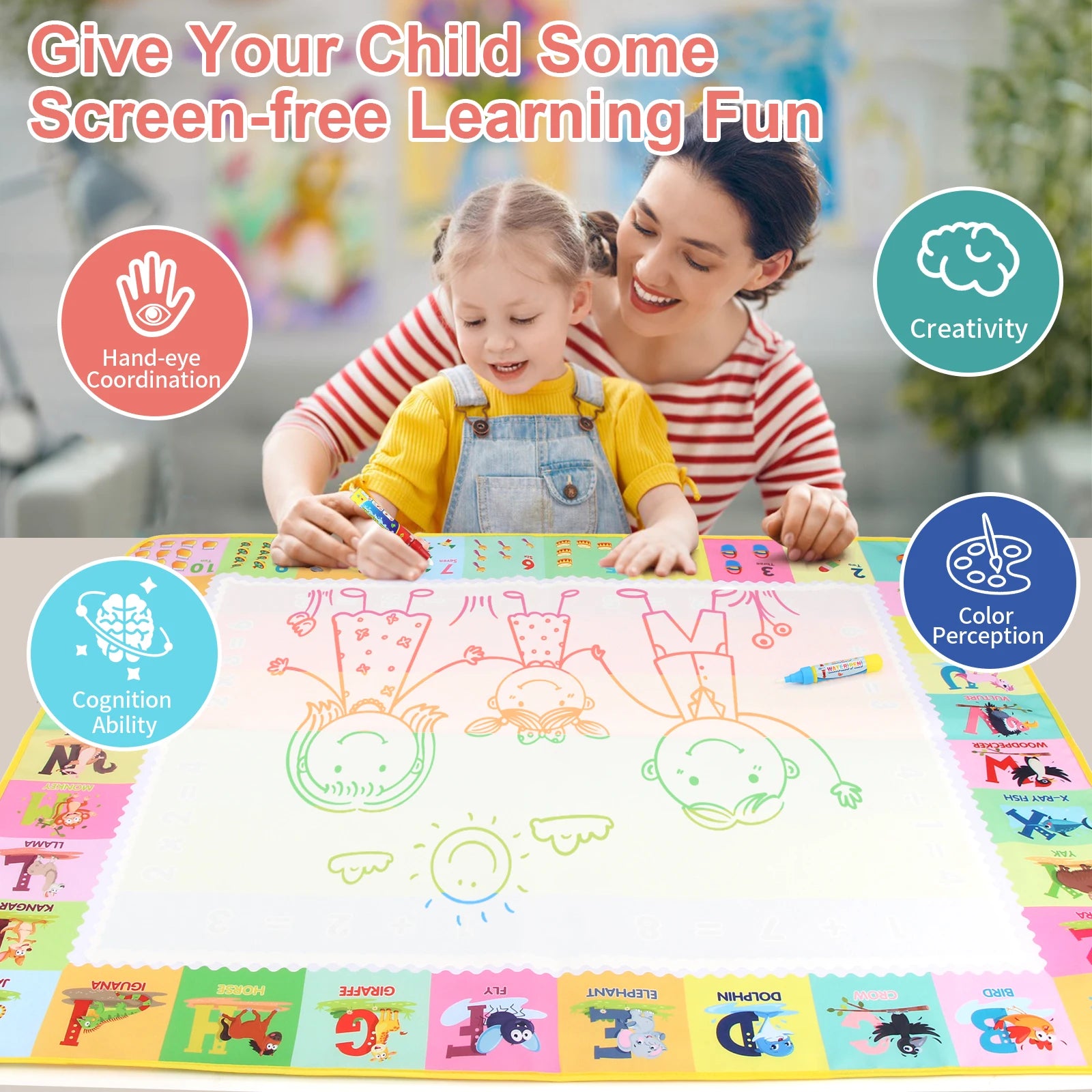 100x80CM Magic Water Drawing Mat with Reusable Magic Pens Doodle Montessori Painting Board Educational Toys Kids Gifts 39X31in by Smarsty