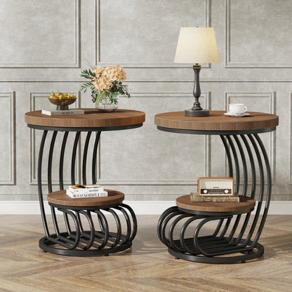Tribesigns Gold Round End Table: 2 Tiers Faux Marble Side Table with Storage Shelf, Modern White Gold Bedside Nightstand