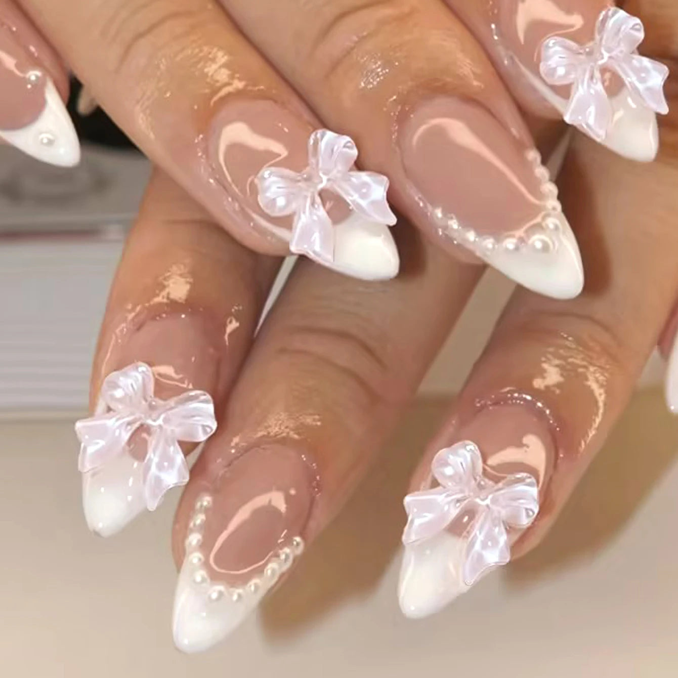 Stiletto Press On Nails Set with Black Silver Bowknot - Smarsty