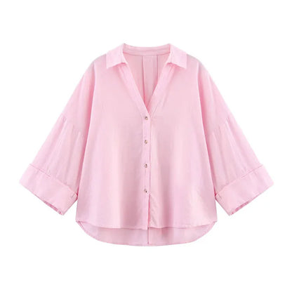 HipSeam Wide Sleeved Shirt Women Spring Asymmetric Hem Button Women's Shirts Simple Lady Johnny Collar Linen Shirts & Blouses - Smarsty