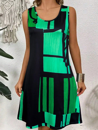 Spring&Summer Women's Geometric Pattern Sleeveless Dress For Summer Vacation,dresses for women summer，Women Bohemia Midi Dresses - Smarsty