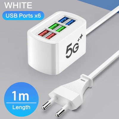 Fast USB Charger 6 in 1 Power Strip Desktop Charging Station Fast Charging 1m Cord USB HUB Adapter Socket for iPhone 16 Home - Smarsty