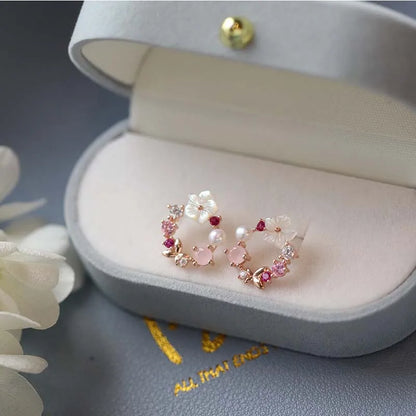 Pink Crystal Butterfly Pearl Stud Earrings For Women - Smarsty