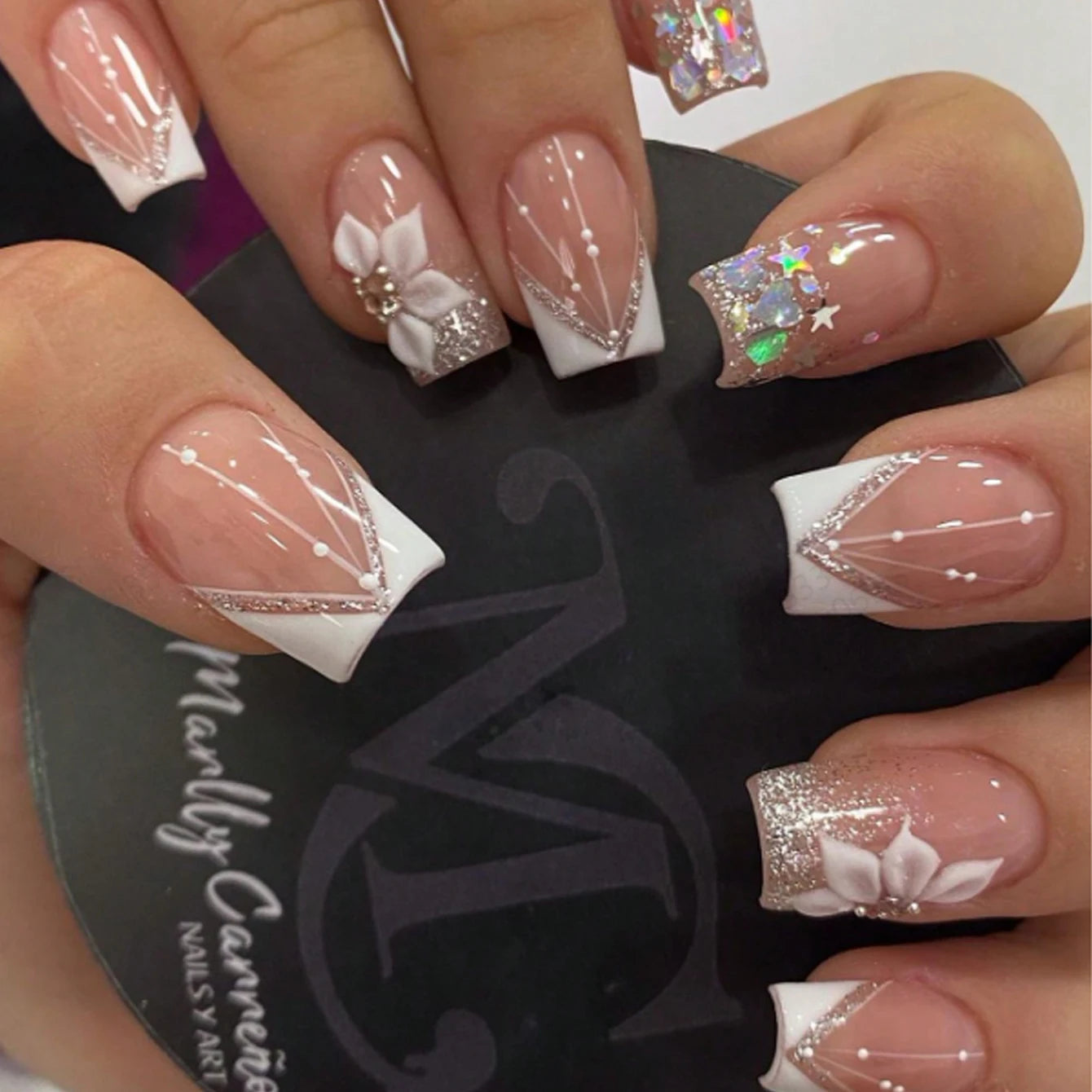Stiletto Press On Nails Set with Black Silver Bowknot - Smarsty