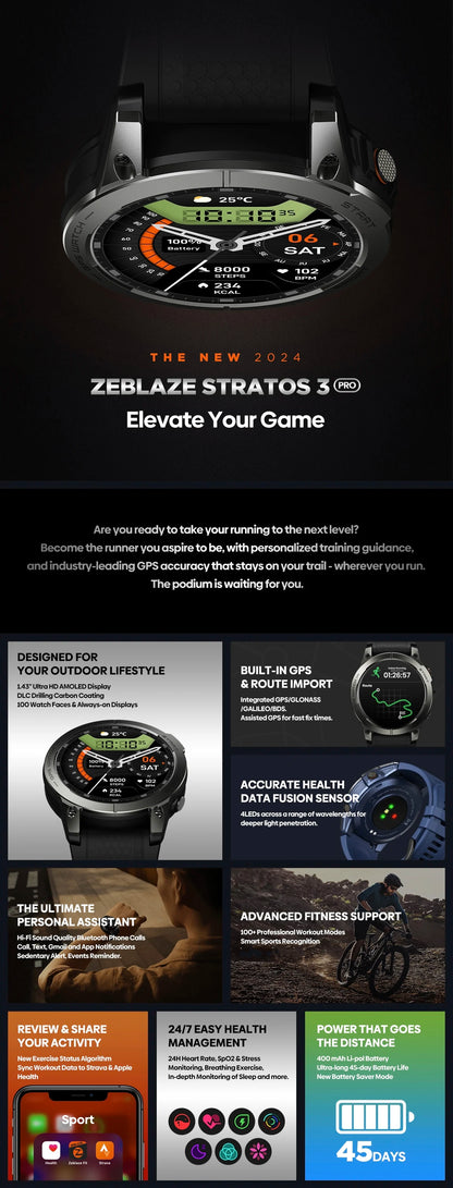 Zeblaze Stratos 3 Pro GPS Smart Watch with AMOLED Display - Smarsty