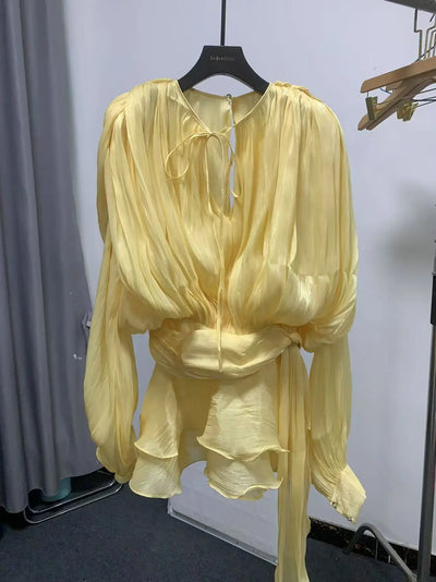 GALCAUR Solid Loose Splicd Lace Up Dresses For Women V Neck Long Sleeves Patchwork Ruffles Tunic Dreses Female Fashio New - Smarsty