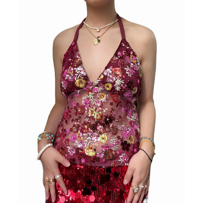 Sexy Deep V Neck Beach Tank Tops Women y2k Coquette Summer Sequins Patchwork Sleeveless Vest Vacation Backless Beach Tops