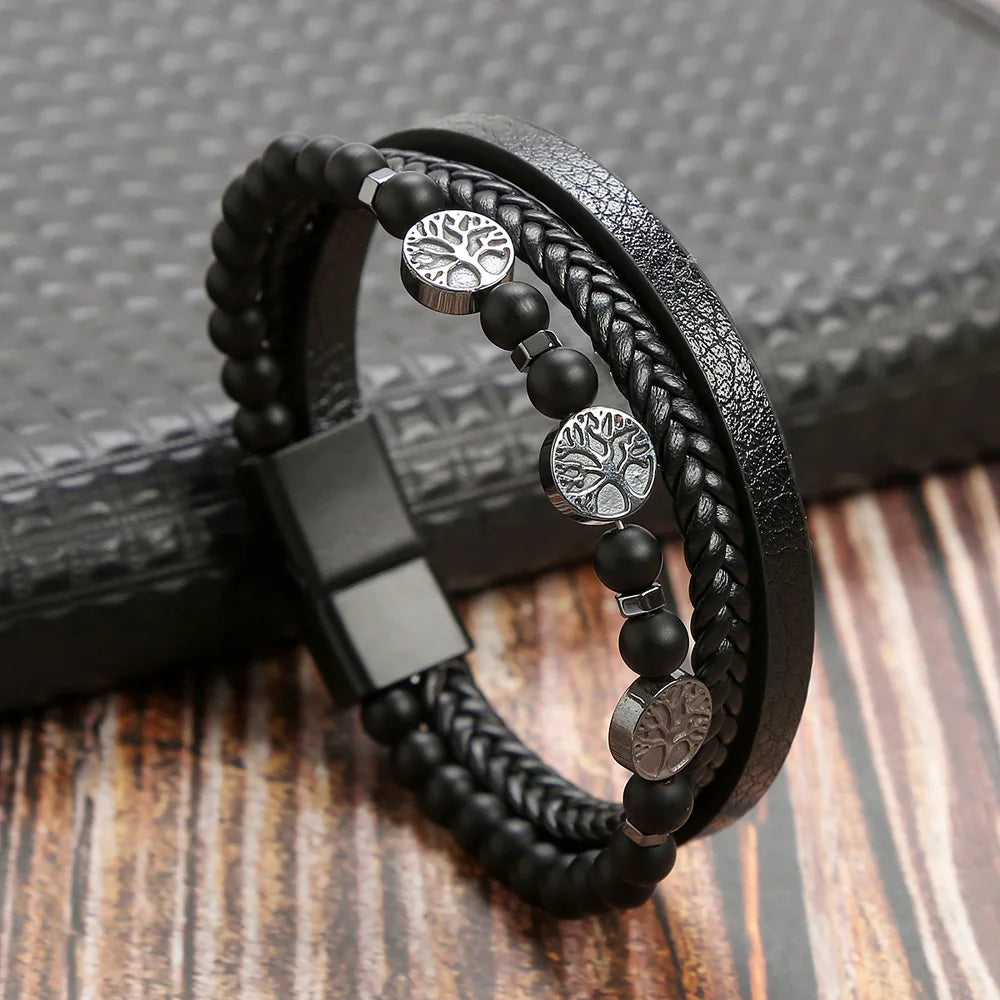 Men Leather Bracelet with Tiger Eye Beads Stylish Gift - Smarsty