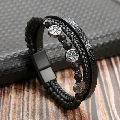 Men Leather Bracelet with Tiger Eye Beads Stylish Gift - Smarsty