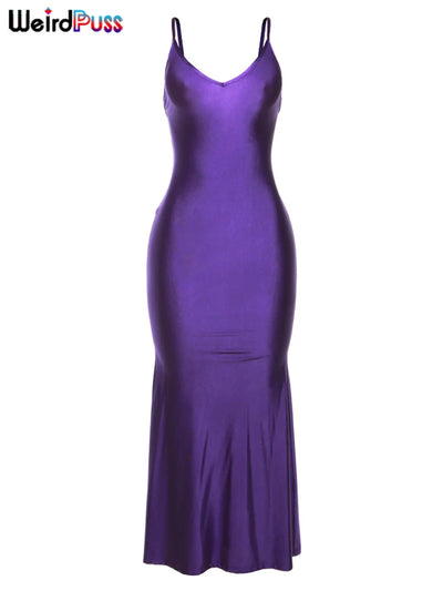 Weird Puss Sexy Backless Women Evening Maxi Dress Folds V-Neck Sleeveless Coquette Elegant Mermaid Matching Banquet Prom Bodycon - Smarsty