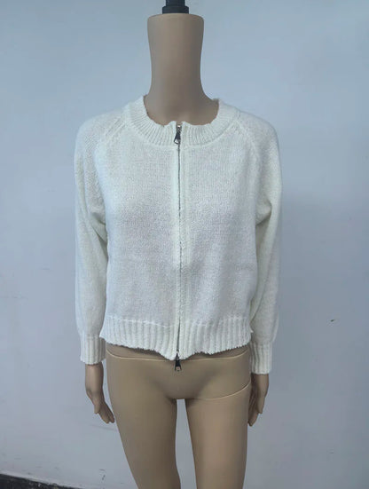 Autumn Winter Short Knitting Cardigan Women Solid Color Long Sleeve Round Neck Sweater Jacket 2025 Casual Zipper Sweater Coats - Smarsty