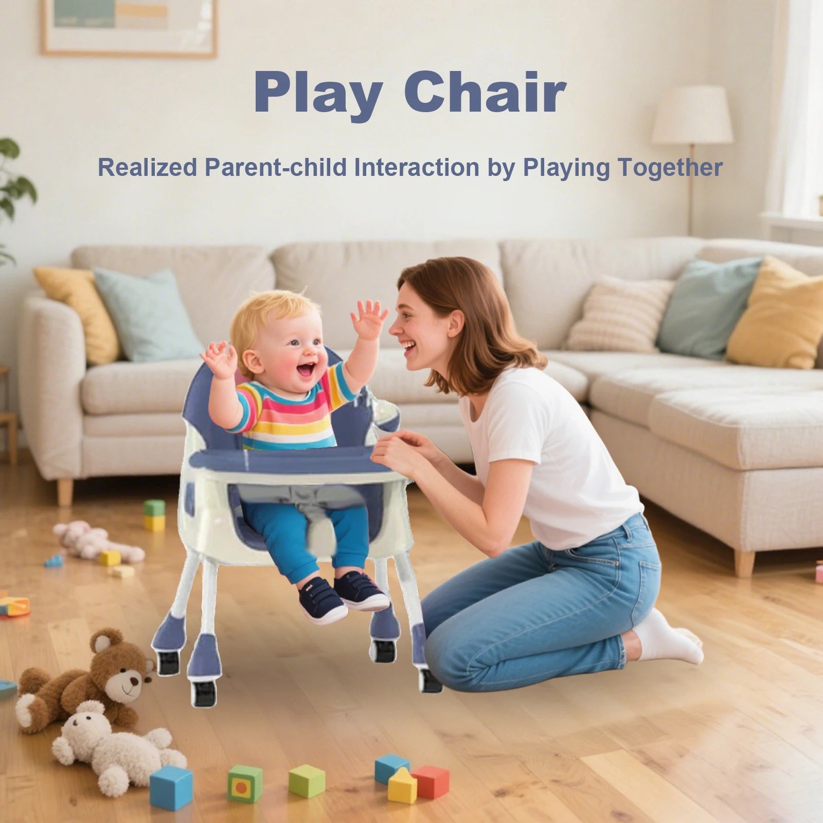 Foldable Baby High Chair 4-in-1 Foldable Reclining Feeding Table Chair Seat 7 Heights With Toyrack Easy To Clean Feeding