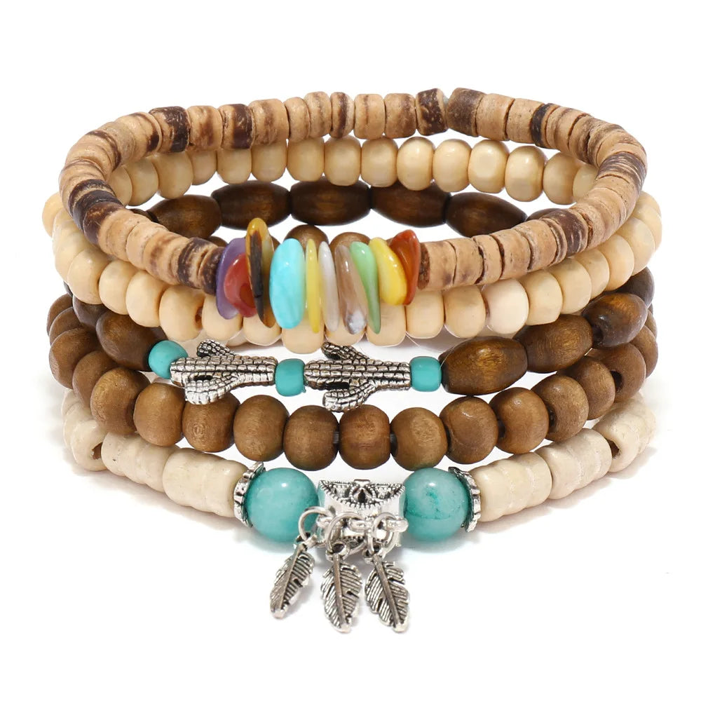 Ethnic Wood Bead Cactus Charms Bracelets for Women - Smarsty