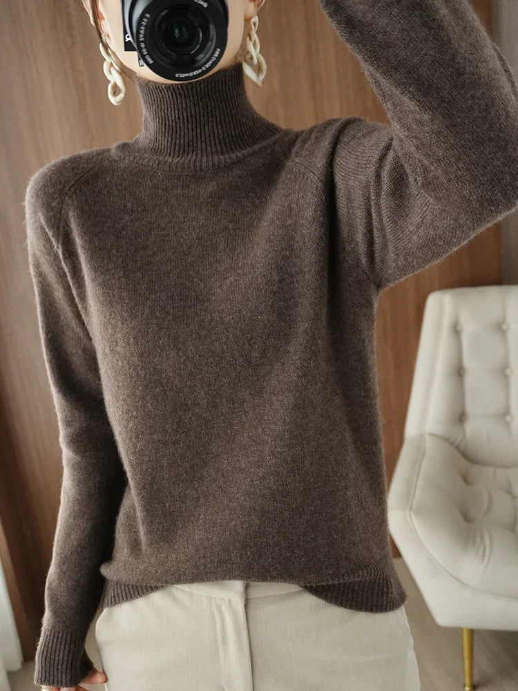 Fashion Basic Autumn Winter  Merino Wool Sweater Mock Neck Cashmere Pullover  Solid Color Soft Long Sleeve Clothing Tops - Smarsty