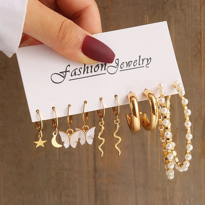 Gold Color Vintage Geometric Pearl Earrings Set For Women - Smarsty