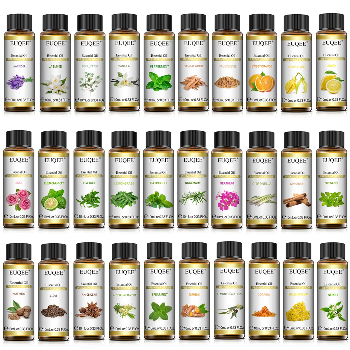 EUQEE 10ml Pure Natural Essential Oil Lavender Jasmine Eucalyptus Vanilla Sandalwood Sweet Orange Lemon Oregano Neroli Fragrance - Smarsty